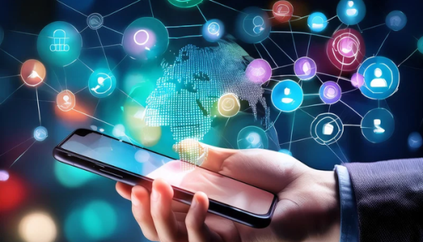 someone holding a mobile phone with a superimposed image of networks and different social media connections